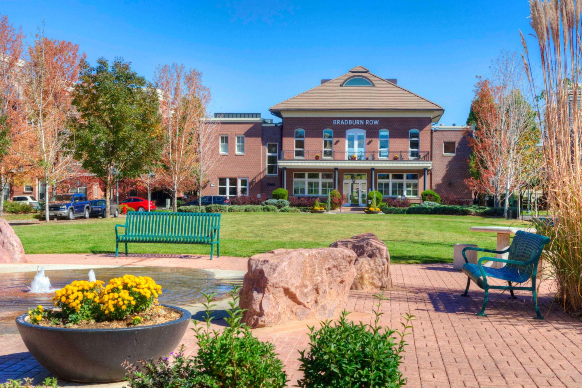 Community green space with fountain